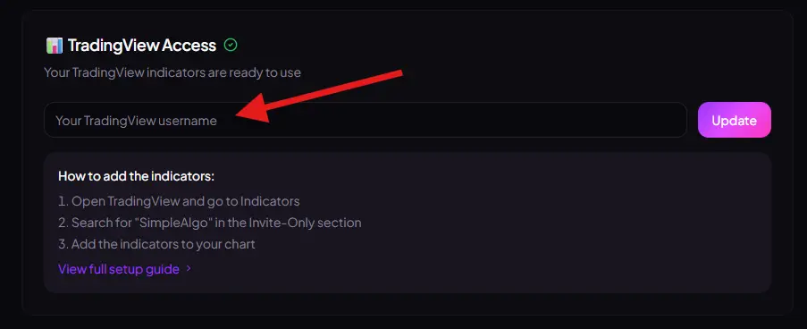 SimpleAlgo Hub TradingView username input